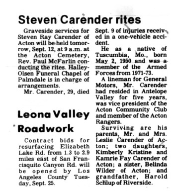 Carender,   Steven Ray obituary