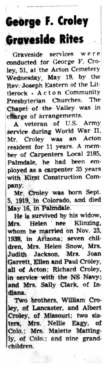 Croley,   George Francis obituary