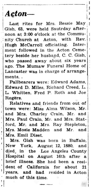 Gish,   Bessie May obituary