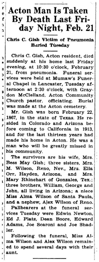 Gish,   Christopher Columbus obituary
