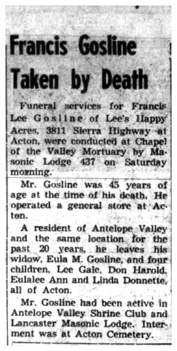 Gosline,   Francis Lee obituary