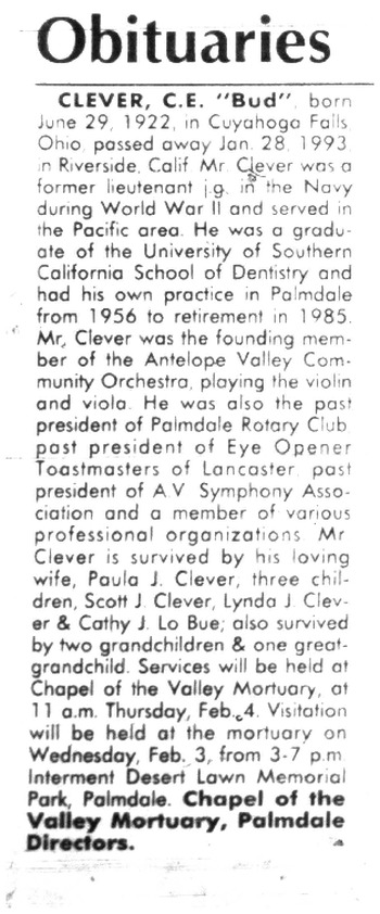 Clever,   Clarence Edwin ('Bud') obituary