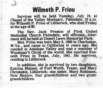 Friou,   Wilmeth obituary