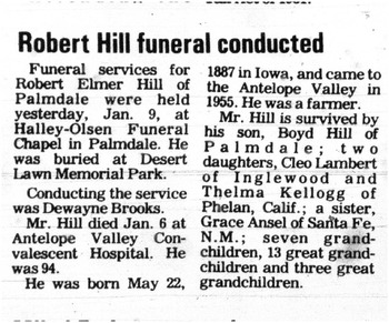 Hill, Robert Elmer obituary