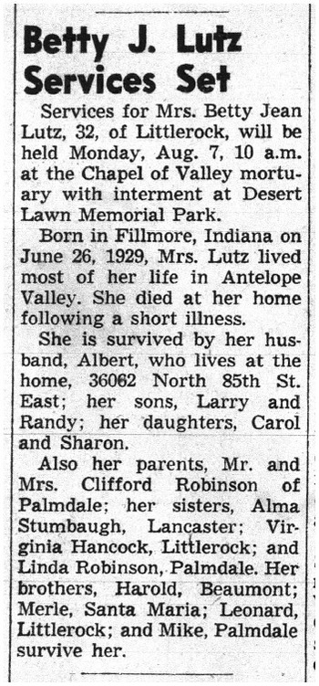 Lutz, Betty Jean obituary