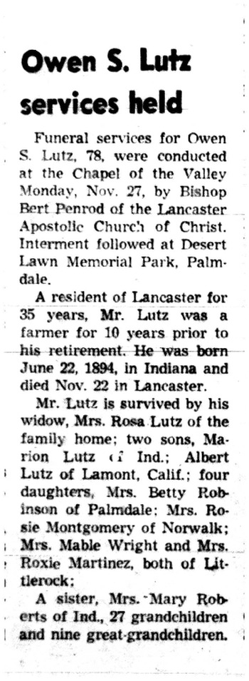 Lutz,   Owen Sylvester obituary