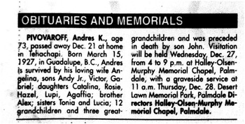Pivovaroff,   Andres Ivanovich ('Andy') obituary