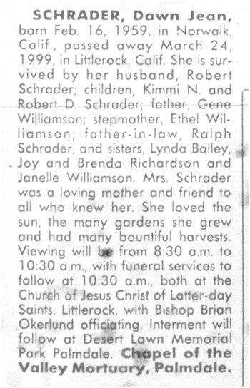 Schrader,   Dawn Jean obituary