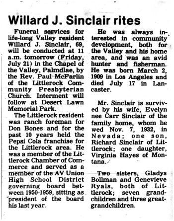 Sinclair, Willard John obituary