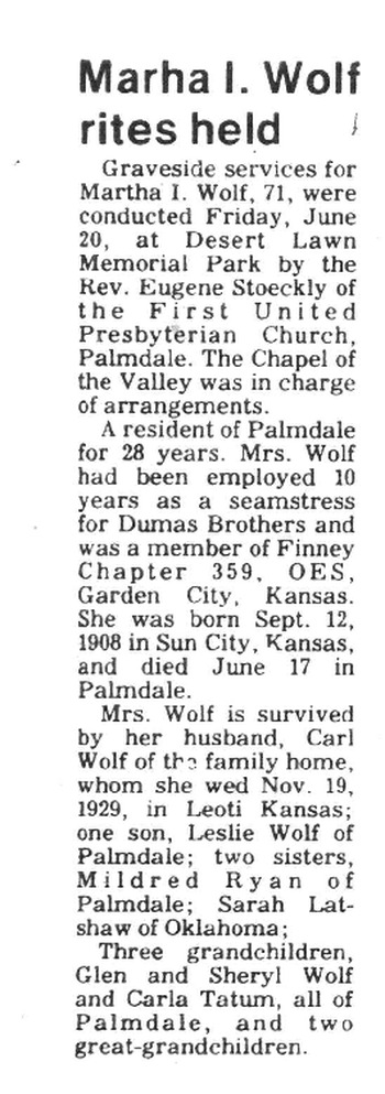 Wolf, Martha Isabelle obituary