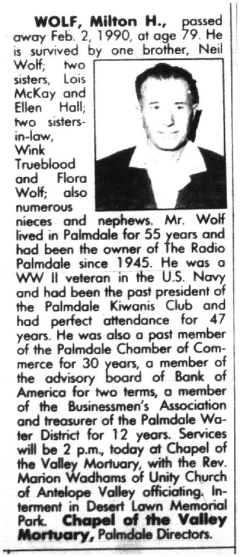 Wolf,   Milton Henry obituary