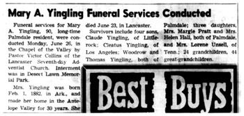 Yingling,   Mary Allie obituary