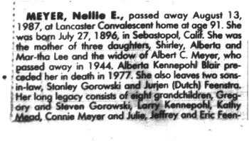Meyer,   Nellie Elizabeth obituary