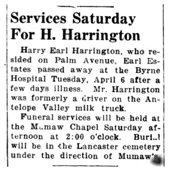 Harrington,   Harry Earl obituary