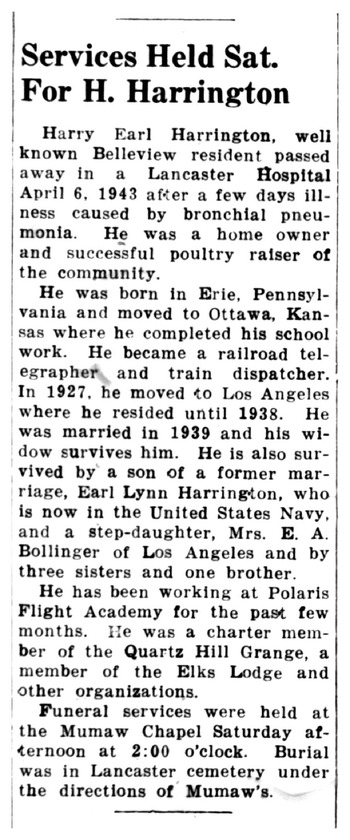 Harrington,   Harry Earl obituary