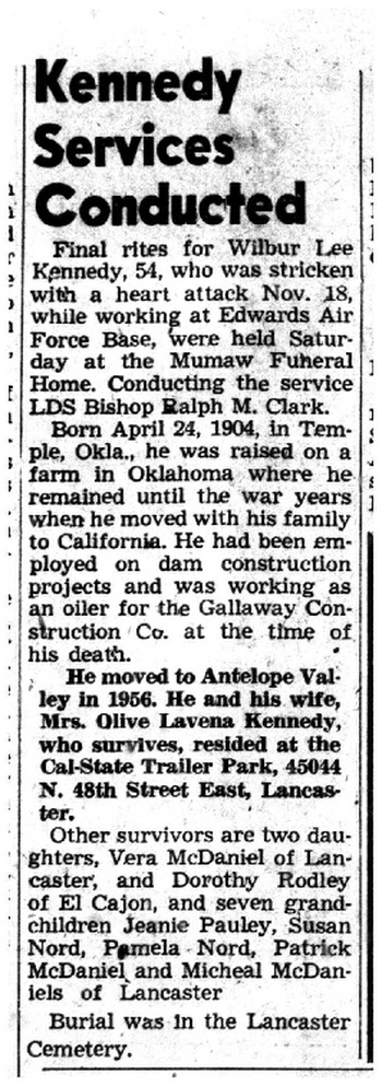 Kennedy,   Wilber Lee obituary