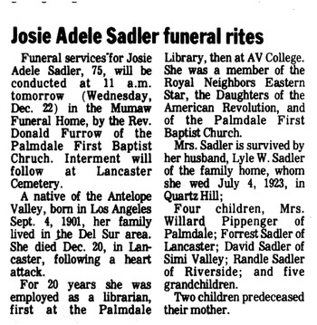 Sadler,   Josephine Adele ('Josie') obituary