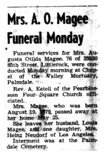Magee,   Augusta Otilda obituary