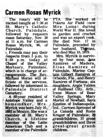 Myrick,   Carmen obituary
