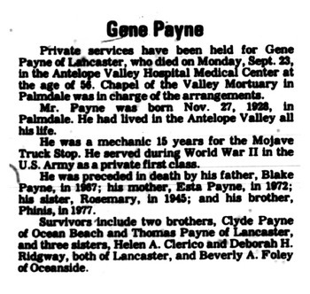 Payne,   Gene obituary