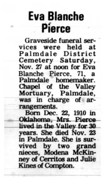 Pierce,   Eva Blanche obituary