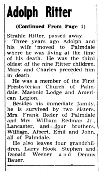 Ritter,   Adolph Emanuel obituary