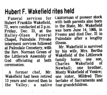 Wakefield,   Hubert Franklin ('Wakie') obituary
