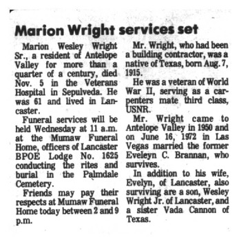 Wright, Marion Wesley obituary