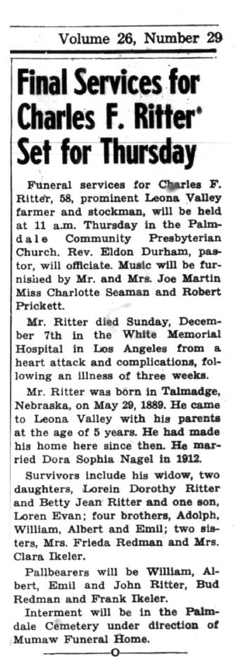 Ritter,   Charles Frederick obituary