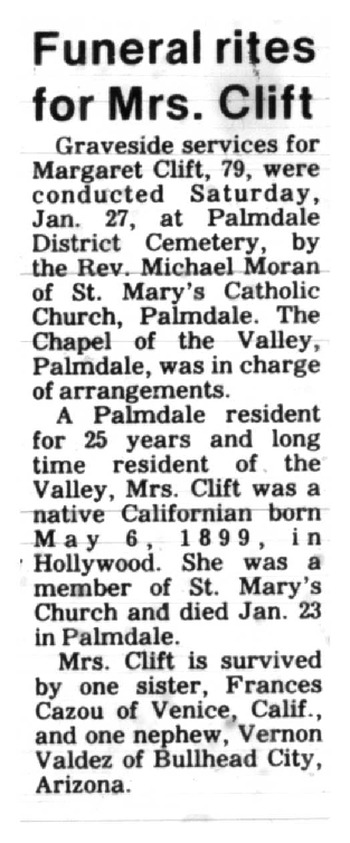 Clift,   Margaret obituary