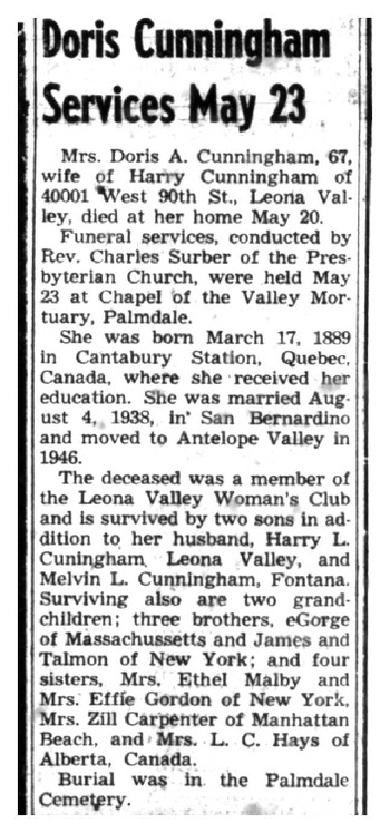 Cunningham,   Doris obituary