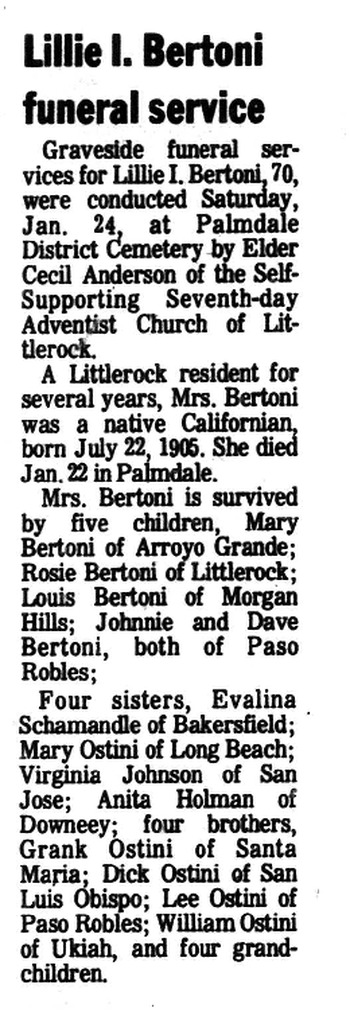 Bertoni,   Lillie I. obituary